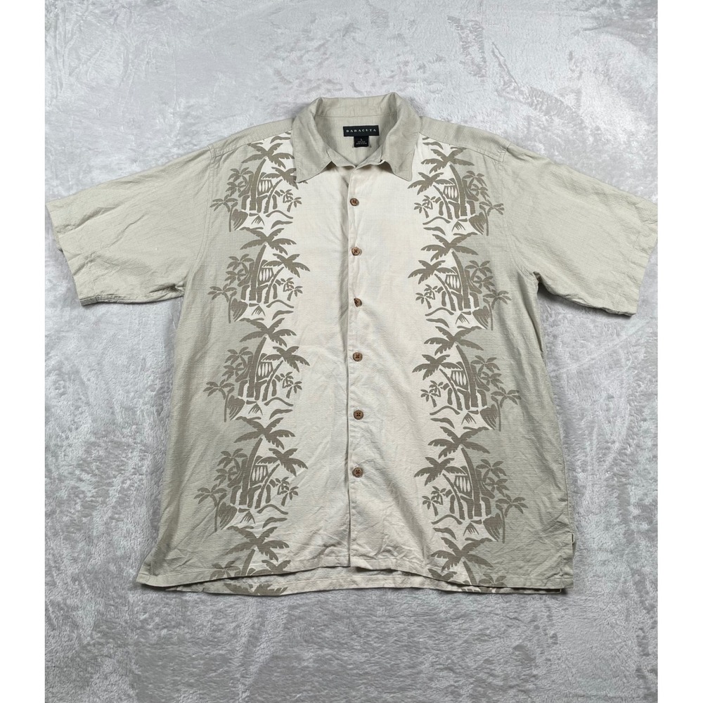 Baracuta Mens 100% Silk Palm Tree Tropical Button Down Shirt Beige Large L